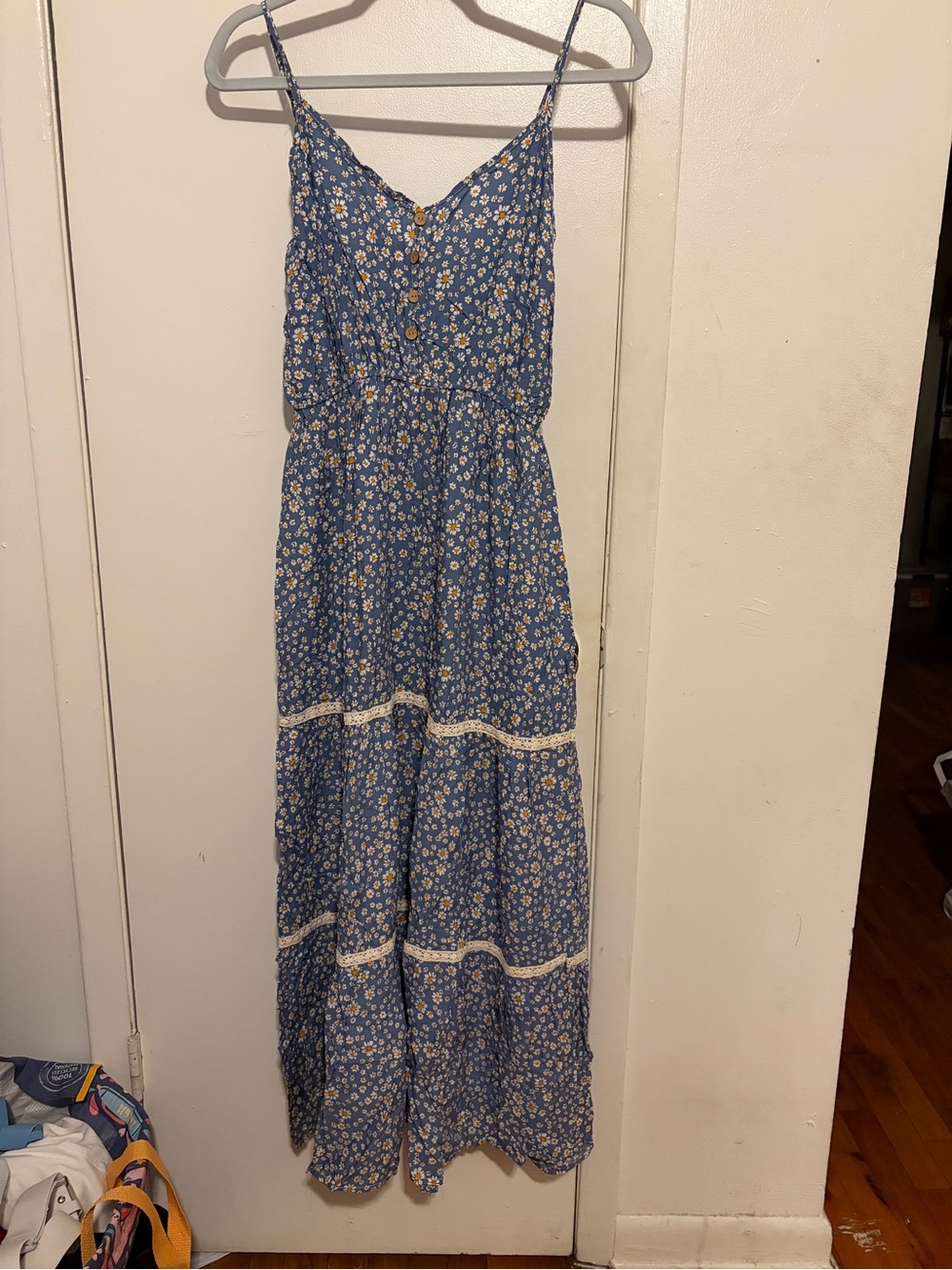 Blue Floral Maxi Dress with Lace Trim - Classic Summer Style